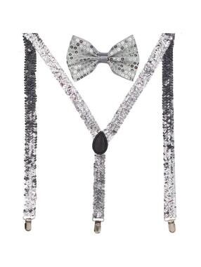 Men AB Elastic Band Silver Sequin Suspender With Maching Polyester Bowtie